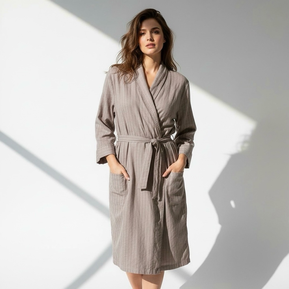 🌻NWOT The Vermont Country Store Original Tan White Pinstripe Robe Women's 2XL